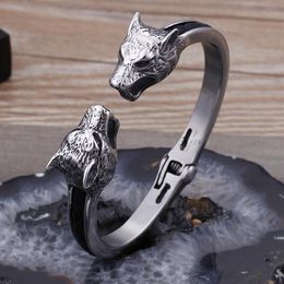 high quality Black leather with Large 316L Stainless steel Biker Open Wolf Head End Cuff Bangle Gothic Mens Bracelet 8mm 67mm inne174a