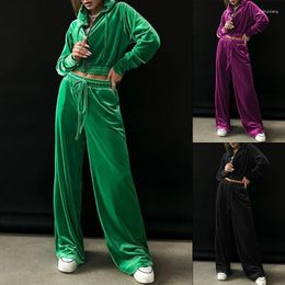 Women's Two Piece Pants Track Suits For Women 2 Jogging Warm Velvet Tracksuit With Zip Hooded Long Sleeve Jacket High Waist Wide Leg