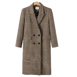 Kvinnors Autumn Valor Plaid Overcoat Classic Double Breasted Long Trench Jacka Kvinnliga fast färg LAPELS WindBreaker Winter Coat