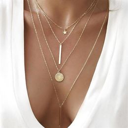 Bohemian Multi Layered Necklace For Women Vintage Charm Star Moon Gold Pendant 2021 Geometric Collier Collares Necklaces240Y