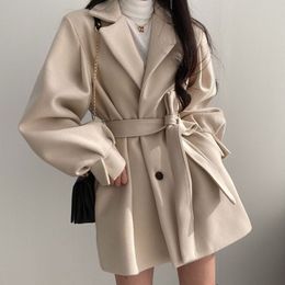 Women's Wool Blend Autumn Winter Coat Turndown Collar Solid Color Slim Fit Waist Thicker Keep Warm With Belt Cardigan Female Clothes 230923