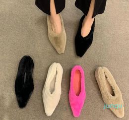 Fashion Pointed Toe Fur Ballet Flat Woman Winter Warm Plush Shallow Loafer Ladies Concise Furry Heeled Zapatos Mujer