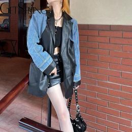 Womens Leather Faux GetSpring Women Coat Autumn Retro Denim Stitching Jacket Full Sleeve Single Breasted Loose Casual Tops 230923