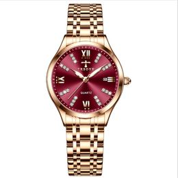 TRSOYE Brand Wine Red Dial Light Luxury Womens Watch Breathable Steel Strap Ladies Watches Luminous Function Surprise Wristwatches305N