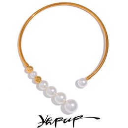 Chokers Yhpup Stainless Steel Imitation Pearls Statement Torques Necklace Metal Hyperbole Personal Fashion Charm Large Neck Jewelry Gift 230923