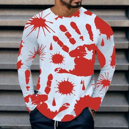 Men's T Shirts Shirt For Men Halloween Hand Print Long Sleeve Crew Neck Top Casual Tops Loose Fit