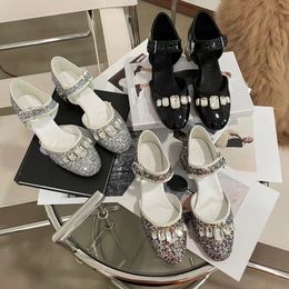 2023 New Rhinestone French Sequins Mary Jane Single Shoes With One Leg Loop Fashion Designer Pearl Design