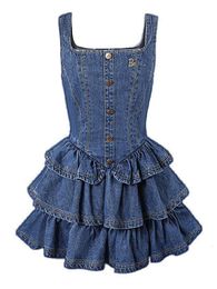 Basic Casual Dresses Preppy Style Kawaii Cake Ruffle Mini Dress Sets Patchwork Sweet Cute Slim Y2k E Girl Korean Fashion Women Vintage Denim 230923