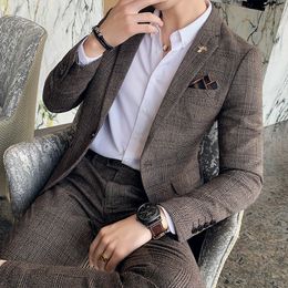 Men's Suits Blazers Luxury Men Slim Fit Check Suit Business Office Formal 2 Pcs Set Pant Casual Wedding Social Tuxedo Dress Homme 230923