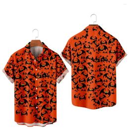 Men's Casual Shirts Halloween For Men Bats Print Orange Short Sleeve Summer Beach Vacation Tops Breathable