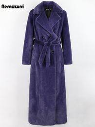 Women's Fur Faux Nerazzurri Winter Long Purple Black Thick Warm Soft Fluffy Coat Women Sashes Double Breasted Furry Overcoat 230923