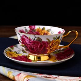 Mugs Bone China Tea Cup Set of 6 Beautiful Flower Rose Pattern High Foot Ceramics Mug Birthday Commemoration Day Gift 230923