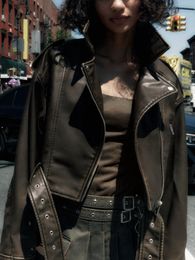 Women's Leather Faux Fur ZBZA Autumn Loose Pu Short Jacket with Belt Streetwear Female Zipper Retro Moto Biker Coat Outwear Tops 230923