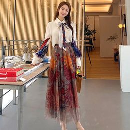 Work Dresses Autumn Runway Designer 2 Piece Floral Print Pleated Skirt Set Women Bow Lace-up Shirt And Mesh Suits Vestido