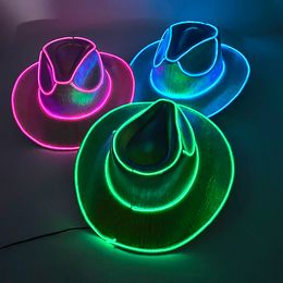 Party Hats LED Glowing Cowgirl Hat Neon Luminous Bride Hat For Holiday Light Up Supplies Fluorescent Party Props Bachelorette Party Hat 230923