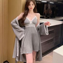 Women's Sleepwear Women Sexy Lace Trim Modal Cotton Hollow Out Robe Gown Sets Female Autumn Chest Pad Outfits For Sale