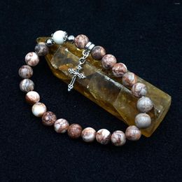 Strand 1pc Vein Jasper With Dolomite 8mm Round Beads Cross Charm Elastic Bracelet For Man Woman Daily Wearing