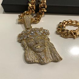 Big Size Jesus Necklace Pendant With 4mm Tennis Chain Rope Chain Gold Colour Iced Out Cubic Zircon Men's Hip Hop Jewellery Gift301K