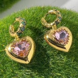 Hotsale Women Earrings High Quality 18K Yellow Gold Plated Bling Pink CZ Heart Hoops Earrings for Girls Women for Party Wedding Nice Gift