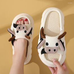 Slippers Autumn Indoor Men's Linen Cute Little Cow Cotton Shoes Women Non-slip Casual Home Sandals Soft Sole Men