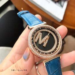 Fashion Brand Watches Women Girl Crystal Big Letters Rotating Dial Style Leather Strap Wrist Watch M1212803