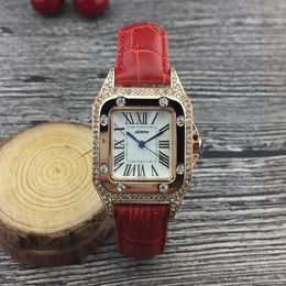 Top quality Women Red Leather Watch Fashion Casual clock Square Diamonds Wristwatches Luxury watches Lovers watch lady classic wat2158