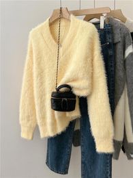 Women's Sweaters Yellow Mohair Knit Sweater Pullover Women 2023 Autumn Winter Long Sleeve V-neck Tops Loose Solid Fashion Chic Ladies