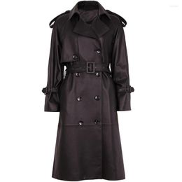 Women's Leather YOLOAgain 2023 Autumn Genuine Trench Coat Women Double Breasted Oversized Long Ladies Elegant