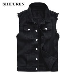 Men's Vests SHIFUREN Men Cotton Ripped Jeans Sleeveless Jacket Black Denim Vest Singlebreasted Male Hip Hop Washed Cowboy Waistcoat 230923