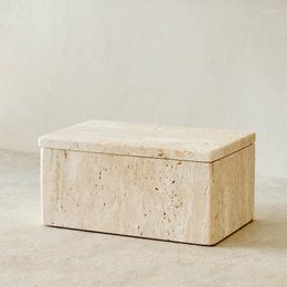 Storage Bottles 19 11 9.5CM Ins Wind Natural Marble Rectangle Porch Bathroom Vanity Sundries Box Jar With Lid Yellow Travertine Stone