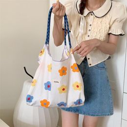 Evening Bags Korean Style Shoulder Bag Large-Capacity Shopping Floral Design Cotton Cloth Fashion Drawstring Luggage Handbag For Women