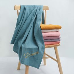 Blankets Swaddling Personalized Name Embroidered Custom Baby Cotton Muslin Baby Swaddle born Receiving Blanket Solid Swaddle Wrap Soft Blanket 230923