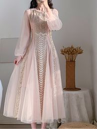 Basic Casual Dresses 2024 A Line New Spring Runway Luxury Beading Long Dresses Women's Mesh Embroidery Patchwork Bohemian Holiday Full Sleeve Vestidos