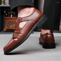 Sandals Men's Hollow Breathable 2023 Summer Solid Colour Classic Casual Business Shoes Comfortable Non-slip Leather