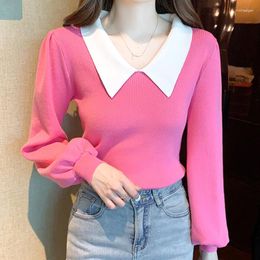 Women's Sweaters Temperament Thick Winter Korean Fashion V-Neck Comfortable Puff Long Sleeves Beautiful Color-Block Base Knit Sweater