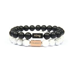 2pcs set New Couple Crown Jewelry King And Queen Stainless Steel Bracelets With 8mm Natural Stone Beads2728