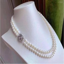Chains Hand Knotted Necklace Natural 7-8mm Double Layer White Freshwater Pearl 2 Rows Choker 17-18inch
