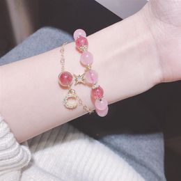 Strawberry Pink Crystal Transit Star Moon Female Gift Bracelet264S