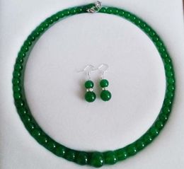 Chains Fashion 6-14mm Genuine Green Emerald Round Gems Beads Necklace Earrings Set 20"