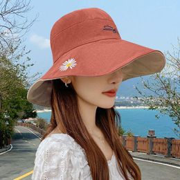 Wide Brim Hats Spring And Autumn Sunshade Hat Embroidered Big Eave Fisherman Polyester Cotton Double Sided Sun Daisy Sunscreen