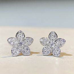 High Quality White Gold Plated 925 Sterling Silver CZ Flower Studs Earrings for Girls Women Lovely Jewellery Gift