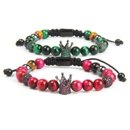 New Design Fashion Couples Crown Bracelets With 8mm Green & Rose Natural Tiger Eye Stone Beads Beaded Bracelet Attractive Jewelry 2248