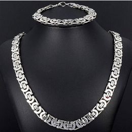 New Style Jewlery Set 8mm Silver Tone Flat byzantine chain necklace & bracelet 316L Stainless Steel Bling for Fashion mens XMAS Gi209P