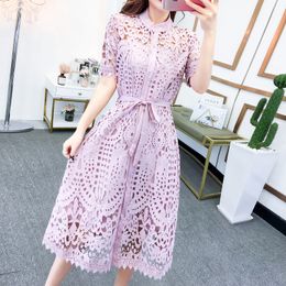 Basic Casual Dresses 2024 New Spring / Summer Runway Women's Clothings Pleated Stand Collar Short Sleeve Single Breasted Polka Dot Lace Dress
