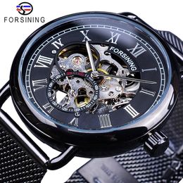Forsining Classic Black Silver Skeleton Clock Mesh Band Design Waterproof Men's Mechanical Watches Top Brand Luxury Montre Ho230n