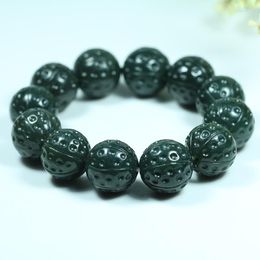 Strand Genuine Hetian Green Jade Bracelet Men Women Natural Jades Stone Round Beads Elastic Beaded Bangle Lucky Amulet Bracelets Gifts