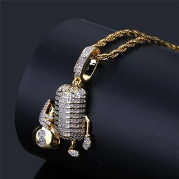 New Hip Hop ICED OUT Cartoon Microphone Villain Necklace Full Zircon Bling Shine Mens Jewellery Gift175D