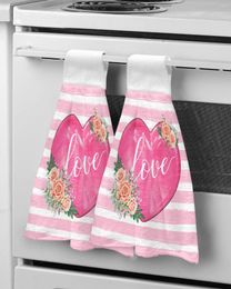 Towel Valentine'S Day Love Watercolor Flower Stripe Hand Microfiber Hanging For Bathroom Kitchen Quick Dry
