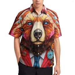 Men's Casual Shirts Bear Shirt Colored Cartoon Pencil Art Vacation Loose Hawaiian Cool Blouses Short Sleeve Pattern Oversize Tops