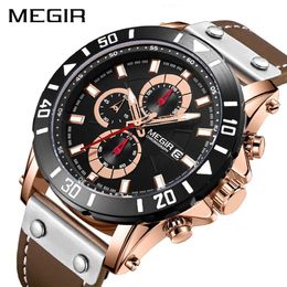 MEGIR Chronograph Sport Mens Watches Top Brand Luxury Leather Quartz Watch Men Clock Wristwatches Relogio Masculino Reloj Hombre297z